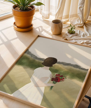 Woman in White Dress Holding Bouquet Facing Nature