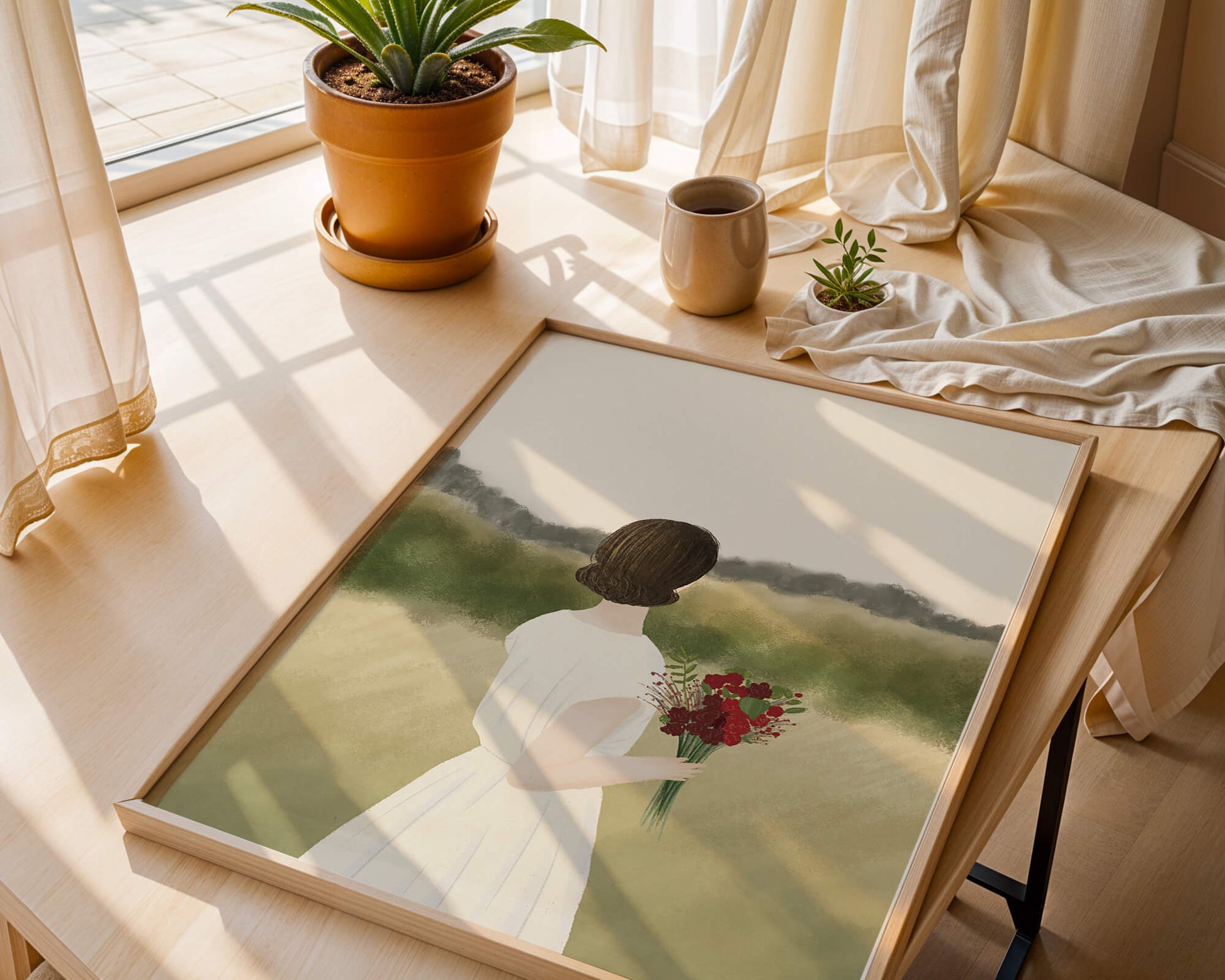 Woman in White Dress Holding Bouquet Facing Nature