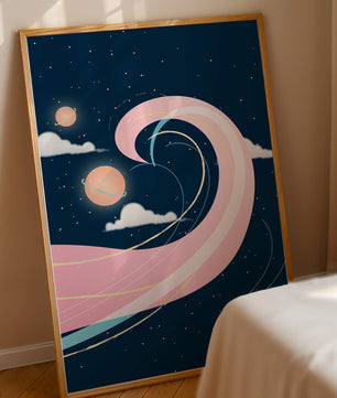 Cosmic Waves and Planets with Whimsical Pink Swirls and Stars - Mi tienda