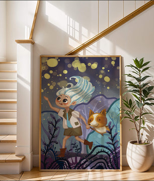 Whimsical Adventure in a Magical Night Sky Landscape