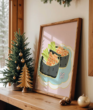 Illustration of sushi rolls with fish roe and avocado on a pastel background