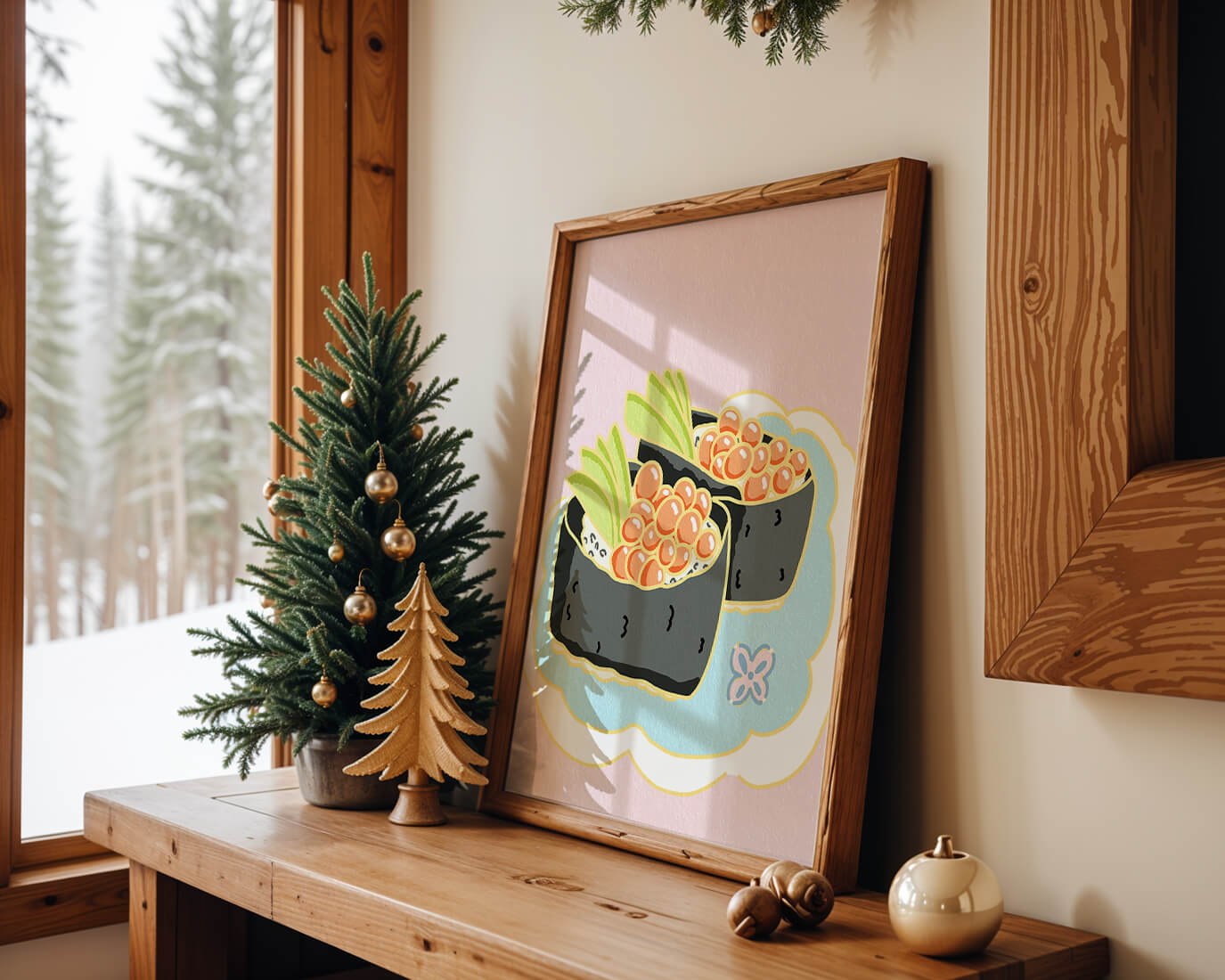Illustration of sushi rolls with fish roe and avocado on a pastel background