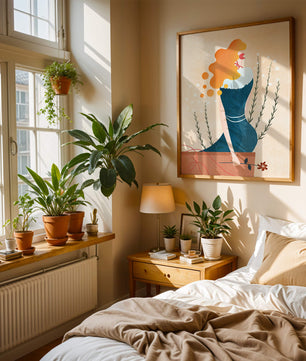 Woman with Floral Decor and Flowing Hair in Minimalist Art - Mi tienda