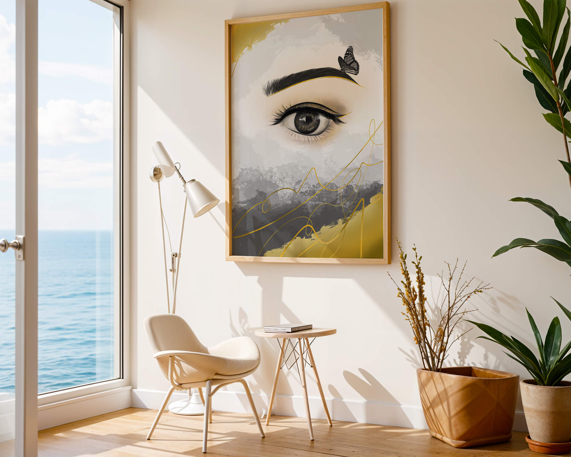 Artistic eye illustration with butterfly and abstract gold accents