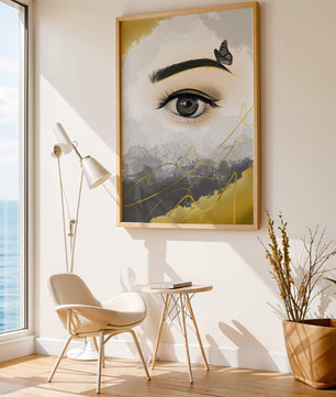Artistic eye illustration with butterfly and abstract gold accents