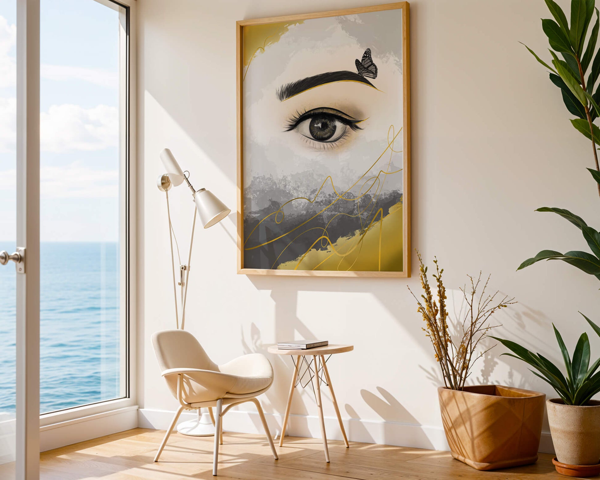 Artistic eye illustration with butterfly and abstract gold accents