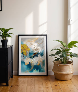 Surreal Nature Scene with Elephants and Golden Leaves