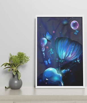 Illuminated Blue Butterflies with Glowing Bubbles in Enchanted Darkness