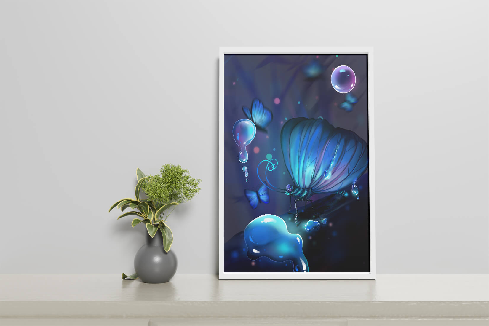 Illuminated Blue Butterflies with Glowing Bubbles in Enchanted Darkness