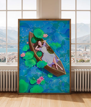 Serene illustration of a girl relaxing in a boat surrounded by lotus leaves and flowers