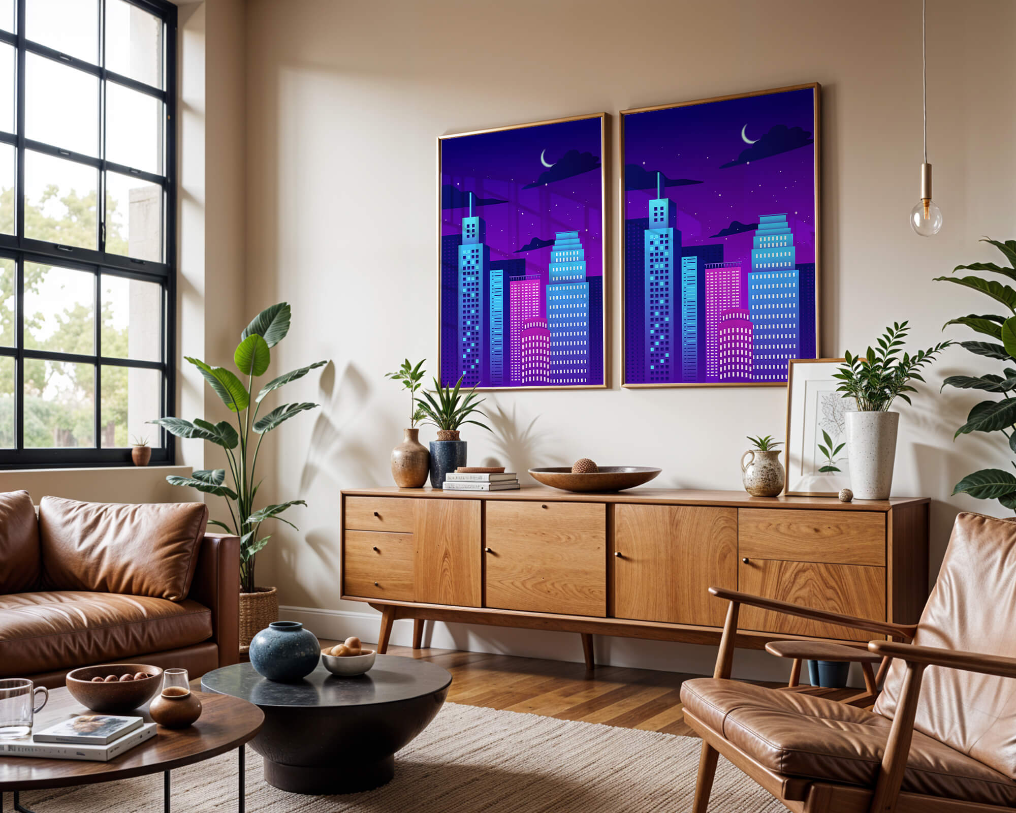 Vibrant city skyline at night with modern skyscrapers and starry sky