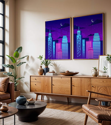 Vibrant city skyline at night with modern skyscrapers and starry sky