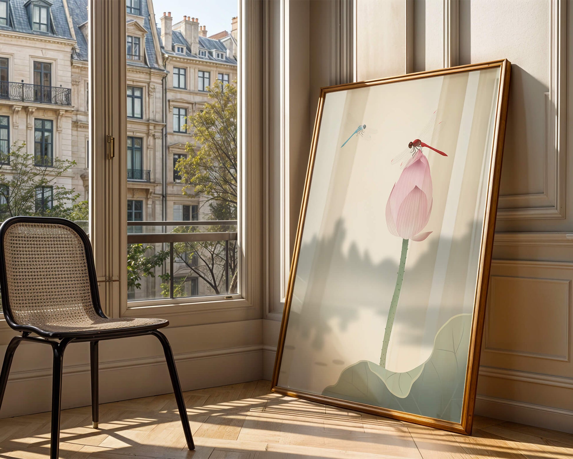 Libélulas sobre un capullo de loto con paisaje sereno