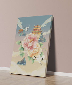Elegant Asian Landscape With Pagoda, Cranes, and Peonies