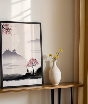 Paisaje sereno con árbol de cerezo y pagodas distantes