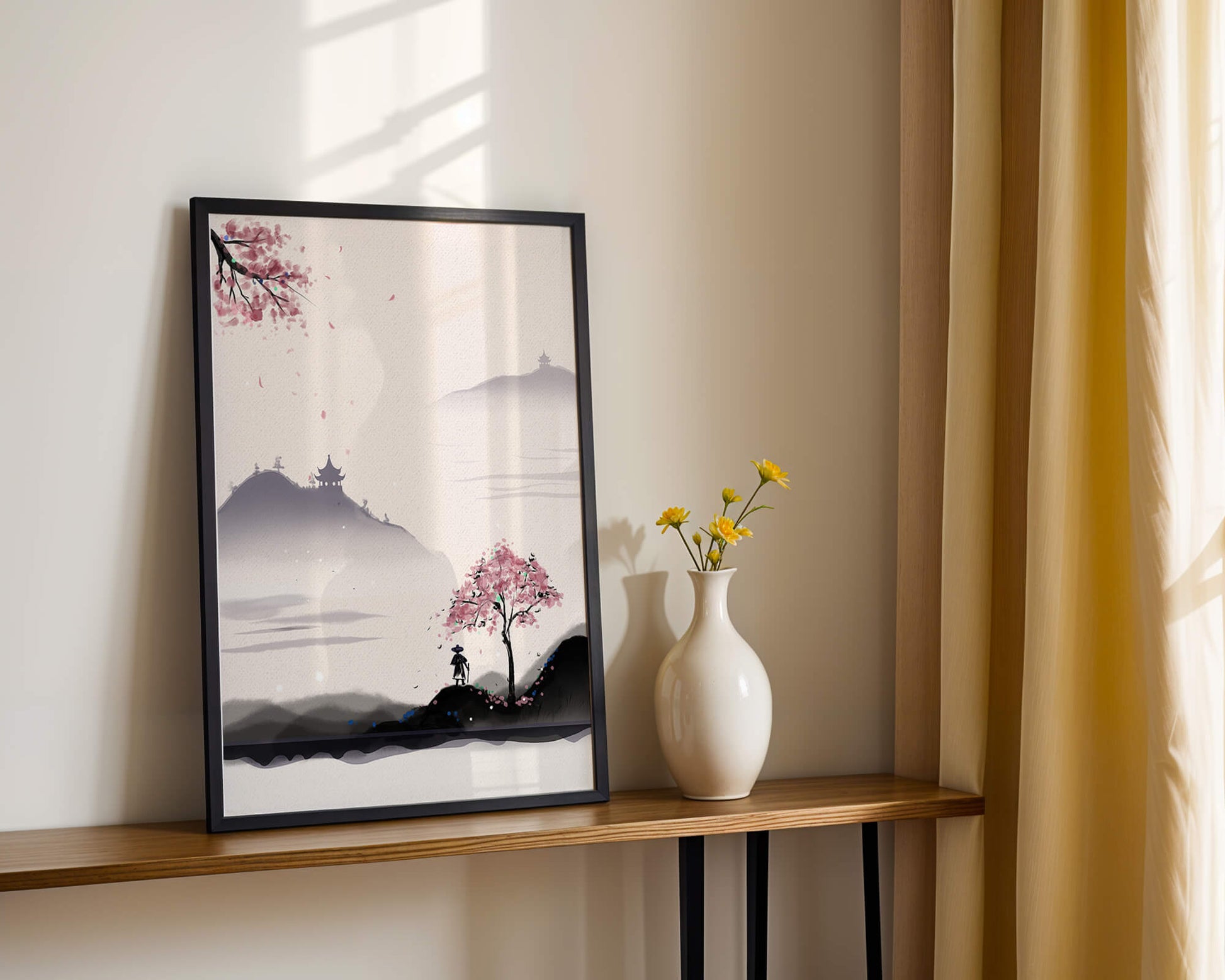 Paisaje sereno con árbol de cerezo y pagodas distantes