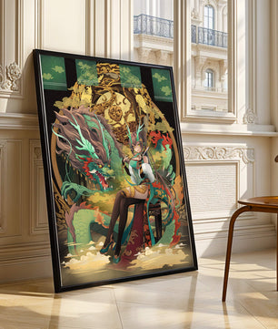 Art fantastique élégant d'une femme avec un dragon majestueux et des éléments dorés