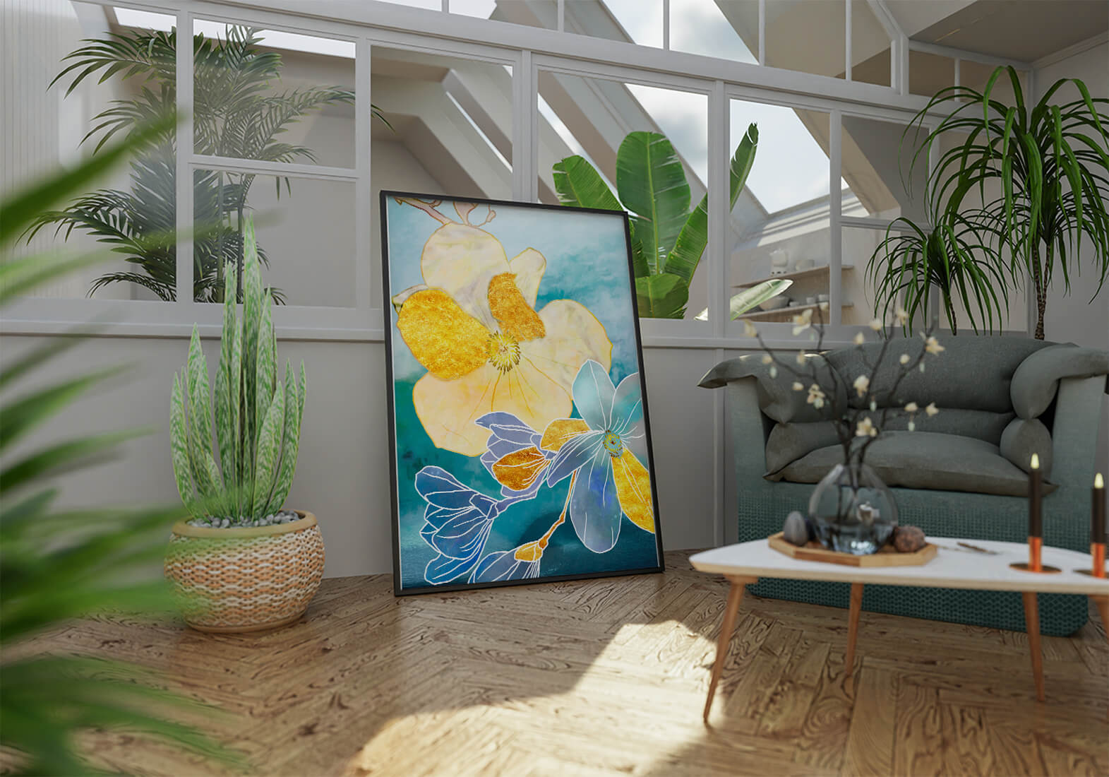 Arte floral abstracto con detalles dorados y tonos azules