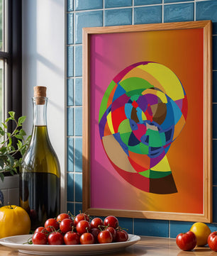 Vibrant abstract geometric shape with multicolored spiral on gradient background