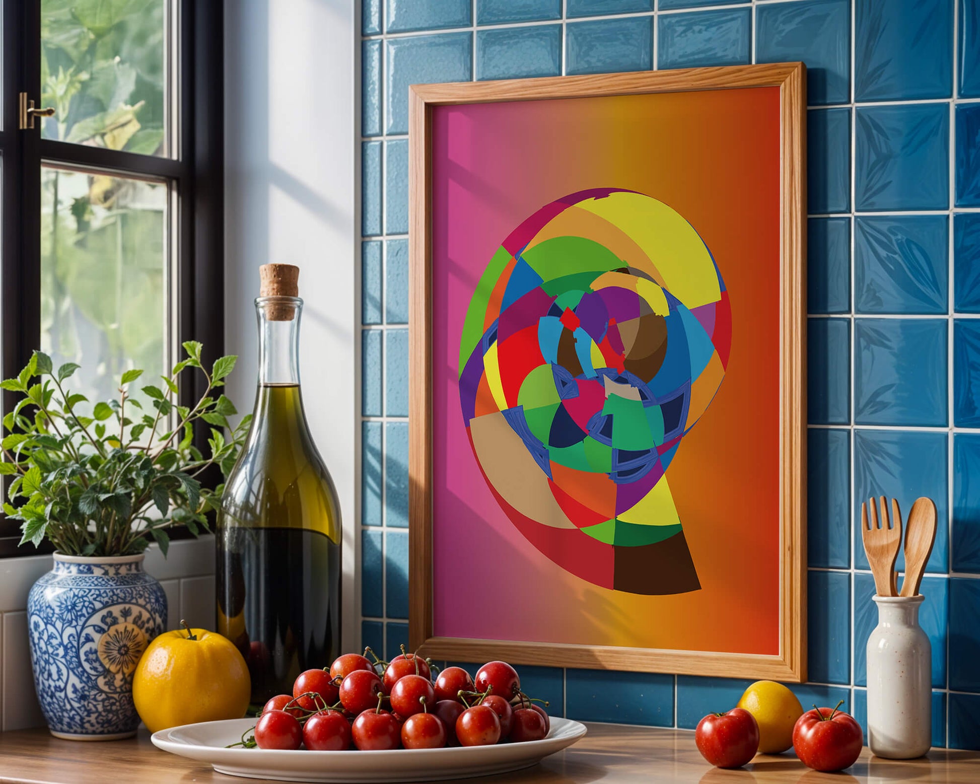 Vibrant abstract geometric shape with multicolored spiral on gradient background
