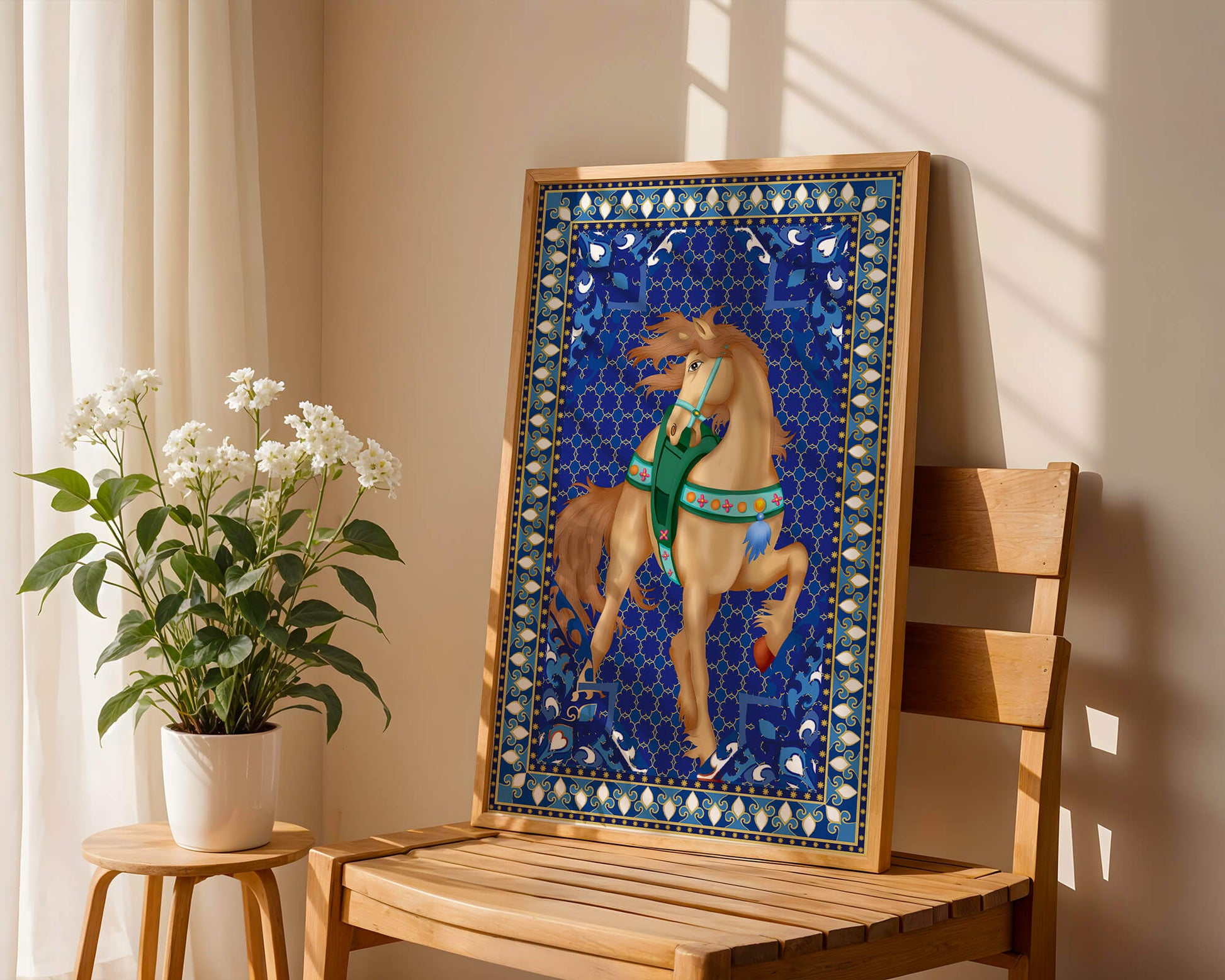 Intricate patterned horse art with a vibrant decorative border