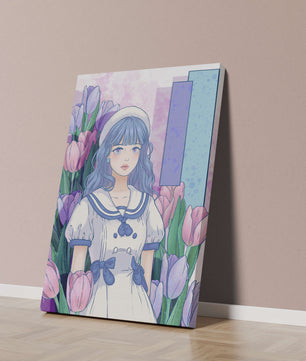 Illustration d'une fille en robe de marin parmi des tulipes avec une palette de couleurs pastel