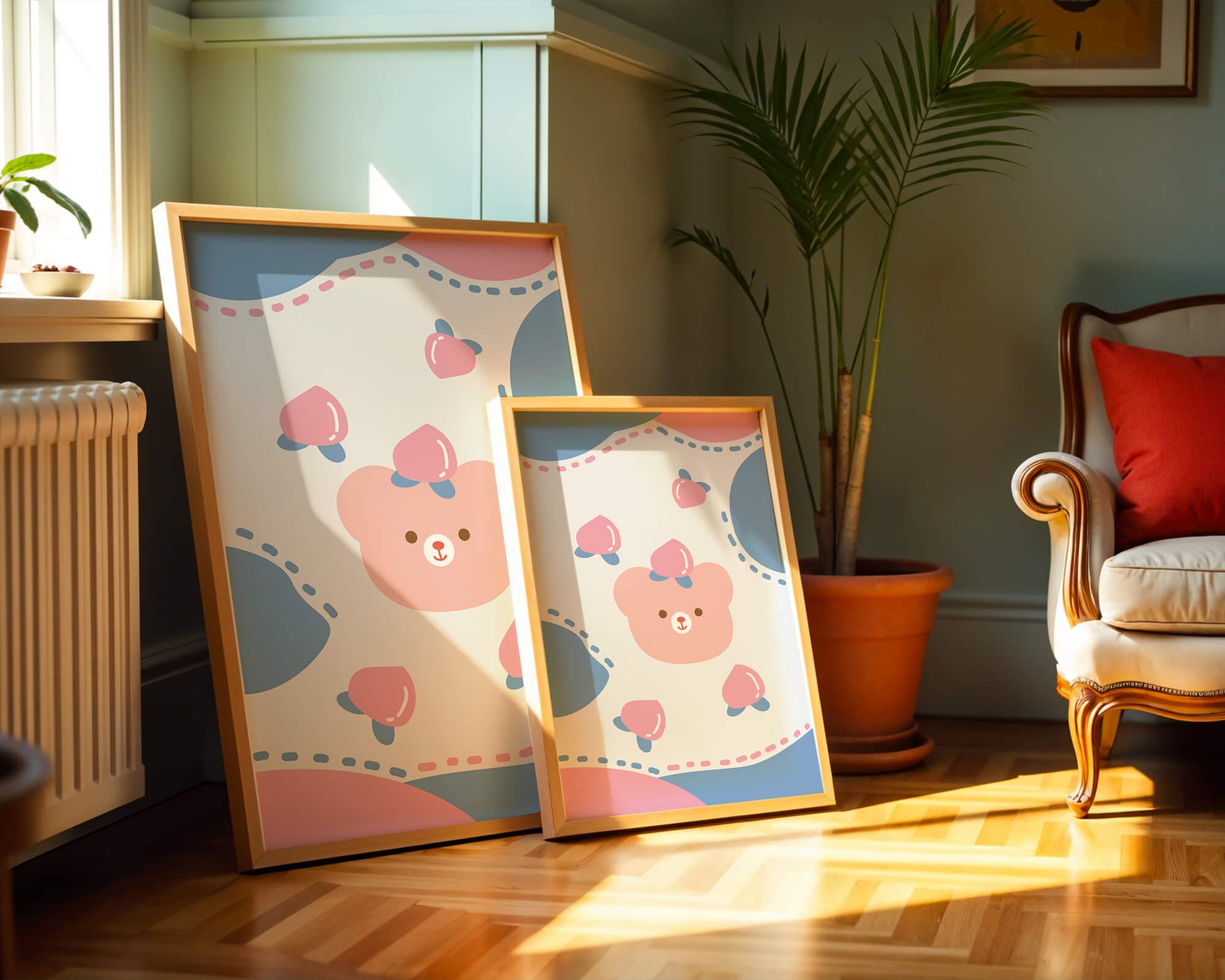 Adorable pastel bear with peaches and dotted background