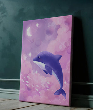 Dreamlike underwater scene with dolphin and moonlit sky