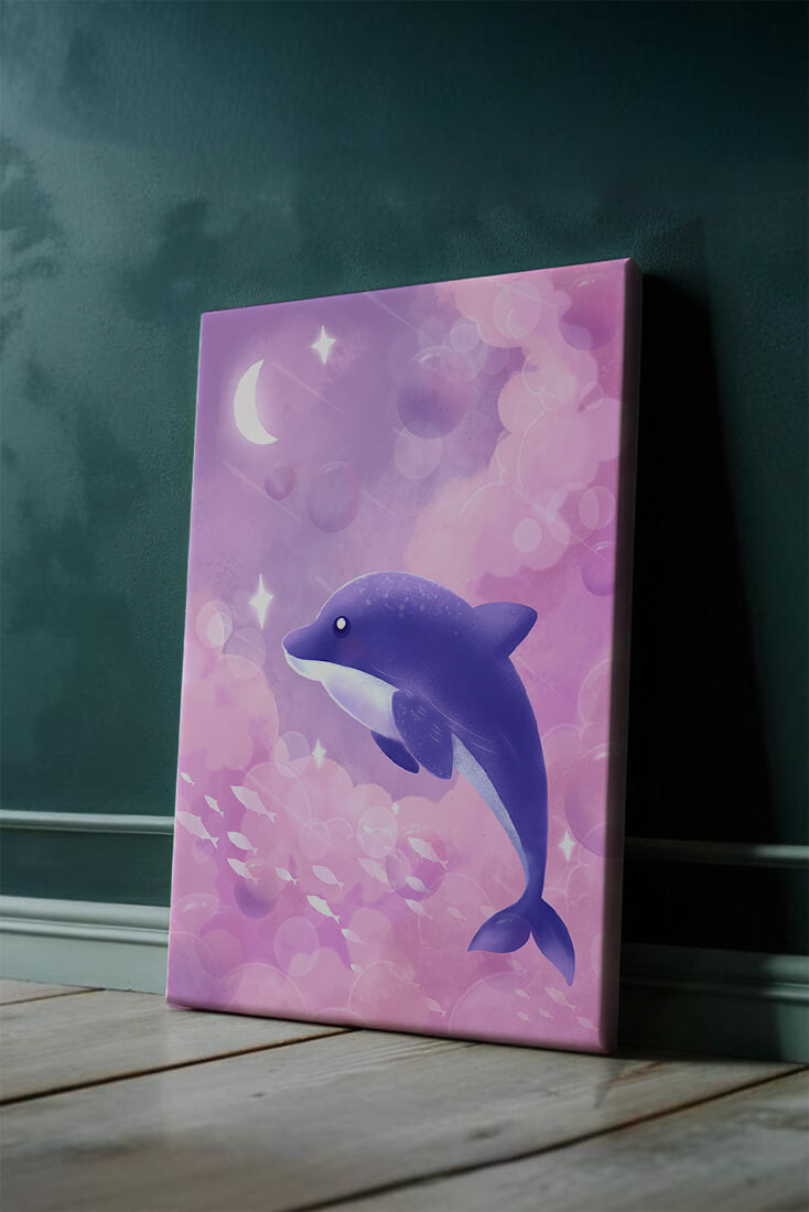 Dreamlike underwater scene with dolphin and moonlit sky