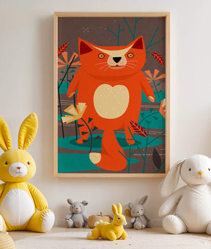 Illustration Of A Cute Orange Cat Surrounded By Stylized Trees And Plants