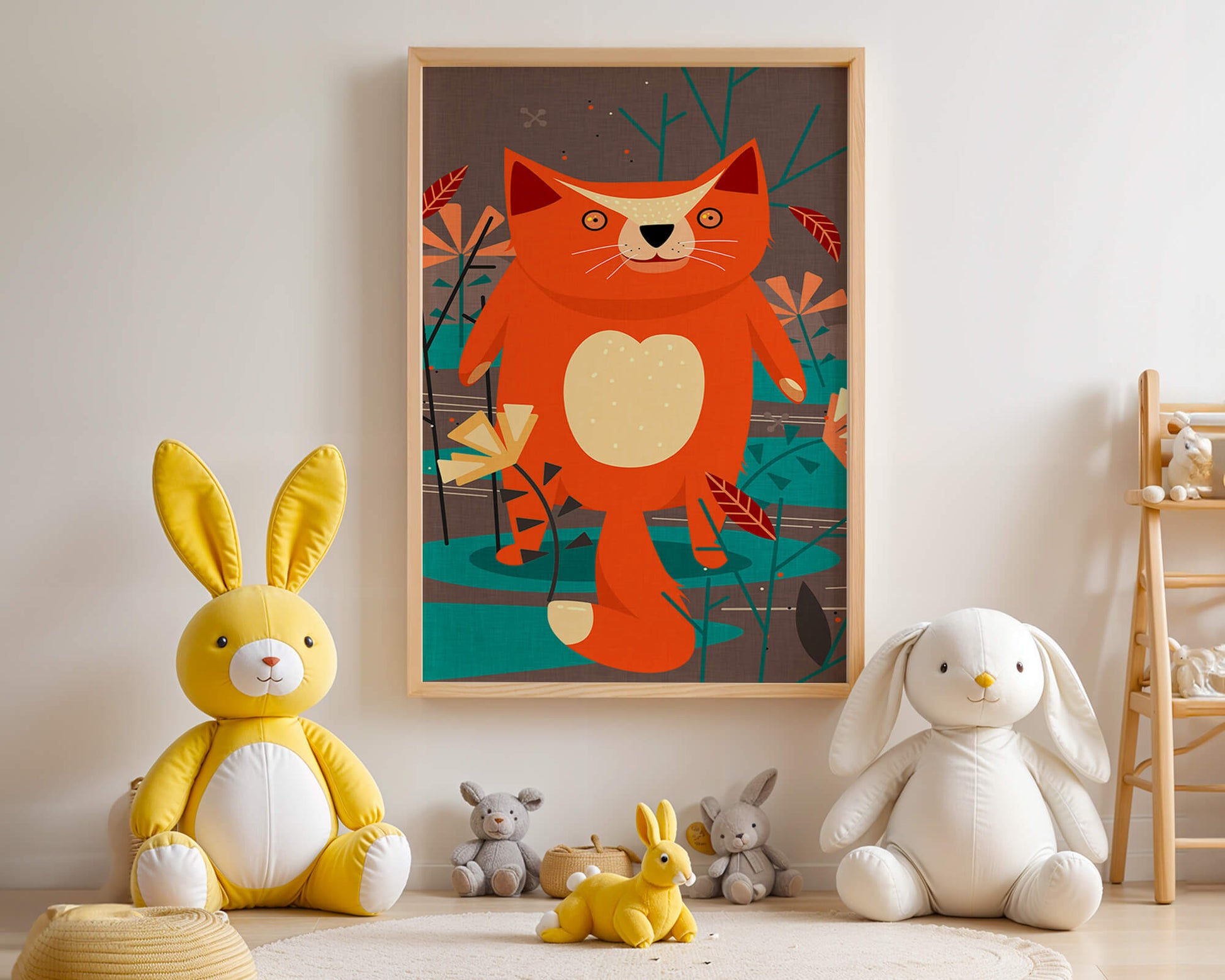 Illustration Of A Cute Orange Cat Surrounded By Stylized Trees And Plants