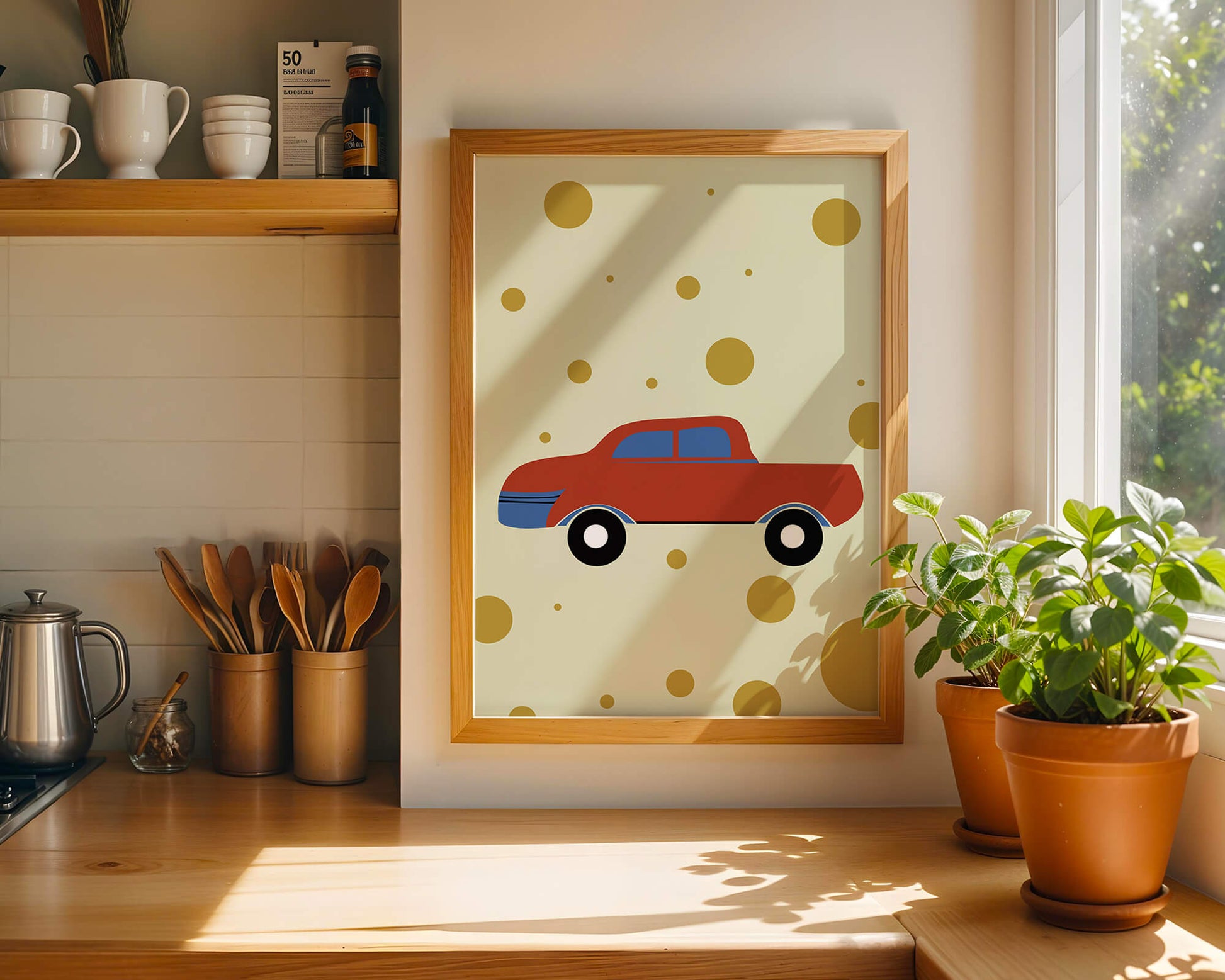 Abstract illustration of a red car with golden circles on a beige background