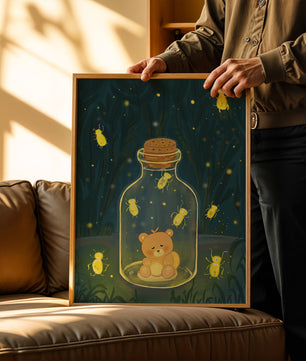 Charming teddy bear in a jar with glowing fireflies