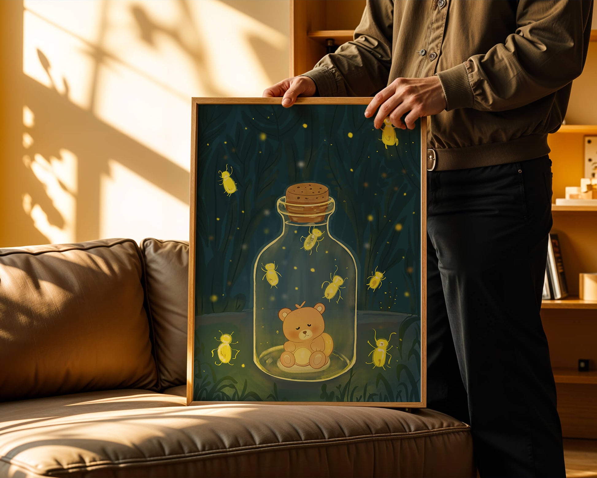 Charming teddy bear in a jar with glowing fireflies