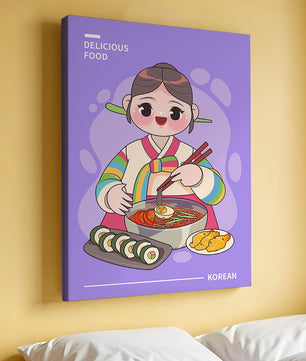 Charming illustration of Korean cuisine with a cheerful character