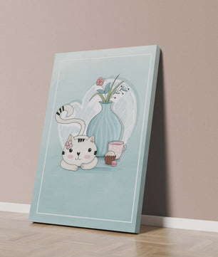 Cute Cat with Flowers, Cup, and Vase on Blue Background - Mi tienda