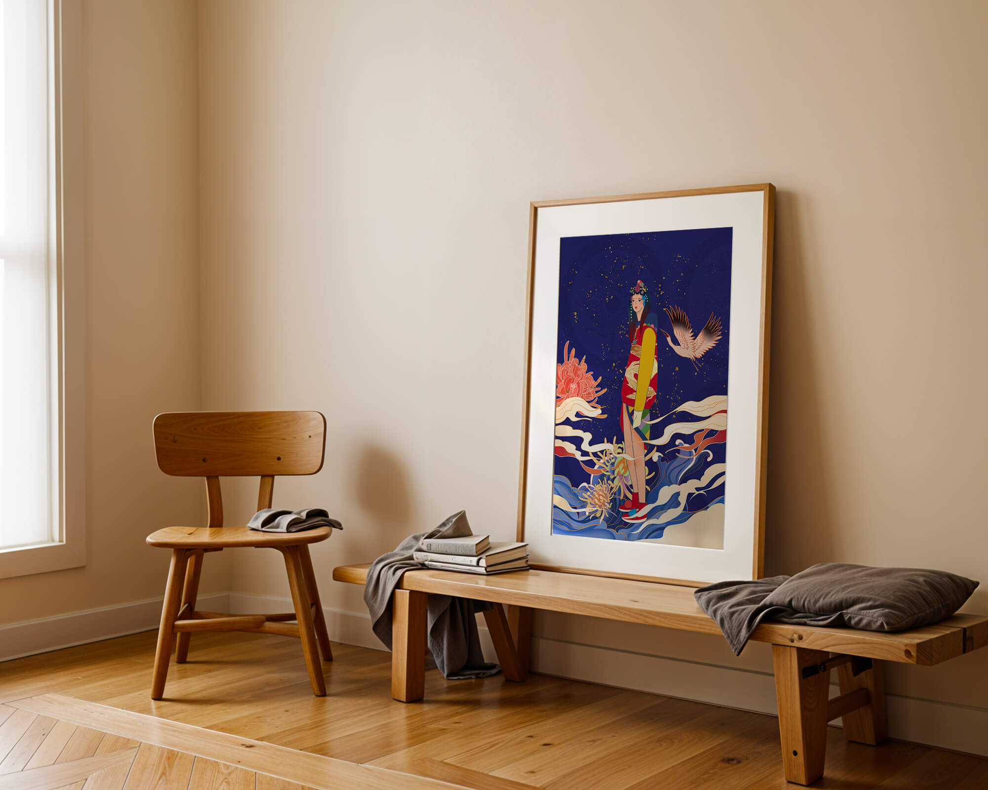 Elegant fusion of traditional and modern art with floral and avian elements