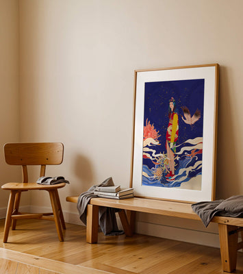 Elegant fusion of traditional and modern art with floral and avian elements