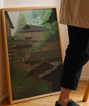 Traditional Japanese Architectural Scene with Lush Greenery