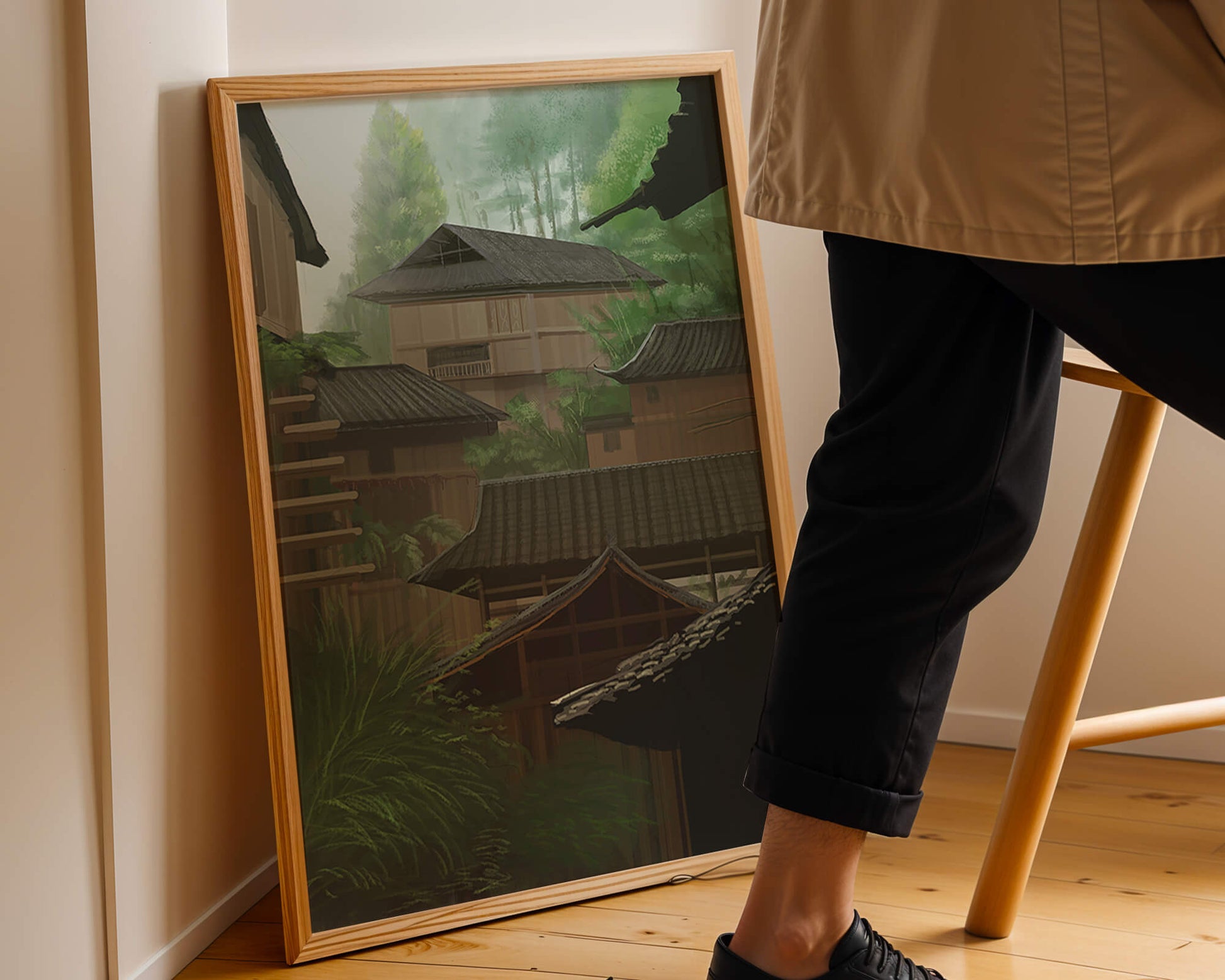 Traditional Japanese Architectural Scene with Lush Greenery