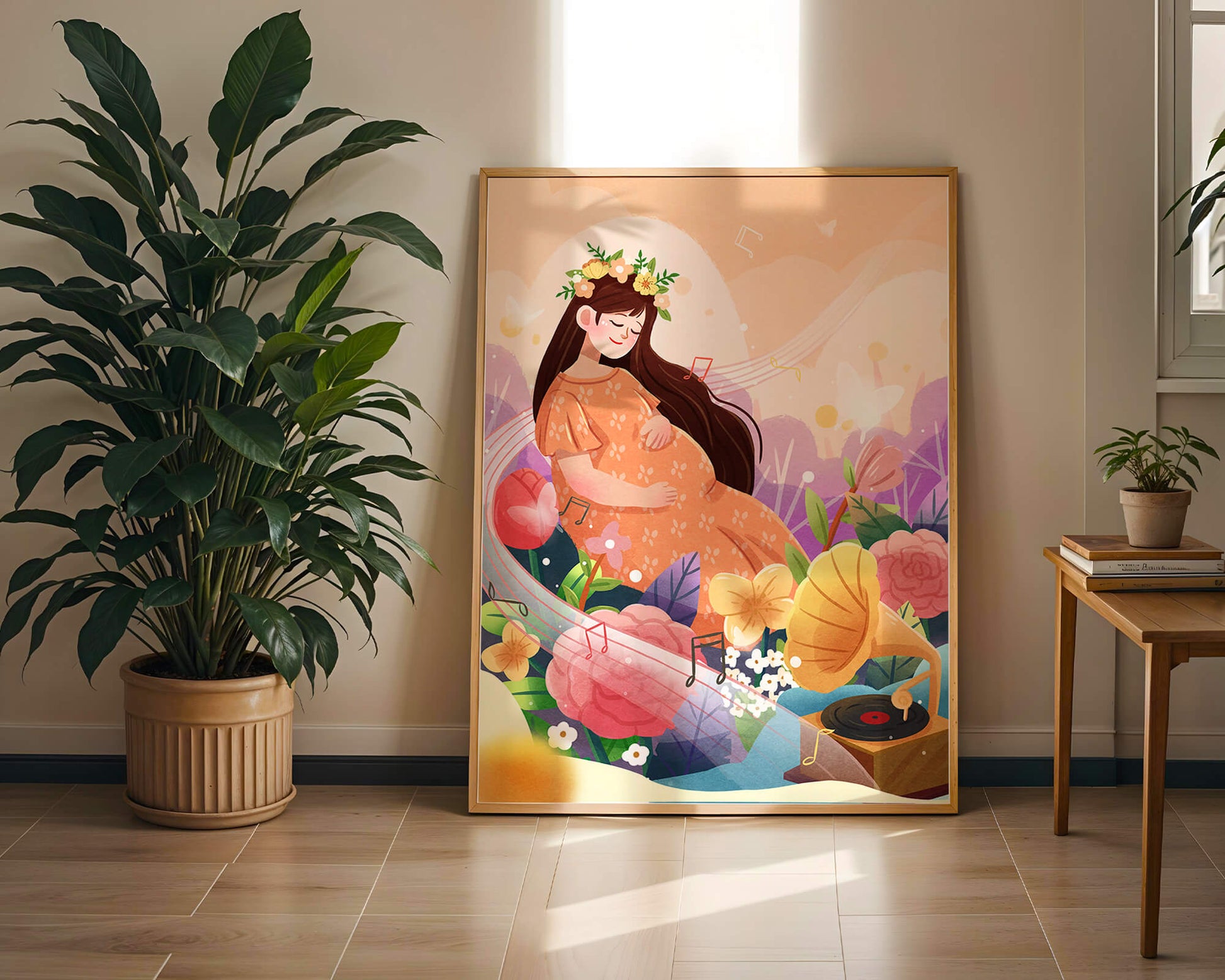 Woman in nature with flowers and musical notes