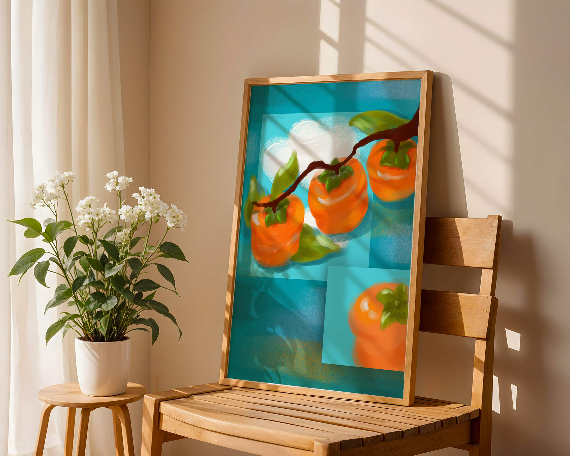 Vibrant persimmons on a branch with a blue background