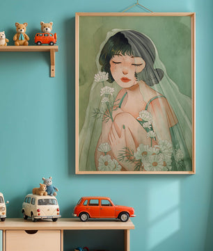 Ilustración emocional de una mujer rodeada de flores