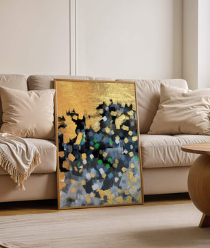 Arte abstracto con dorado y pinceladas coloridas