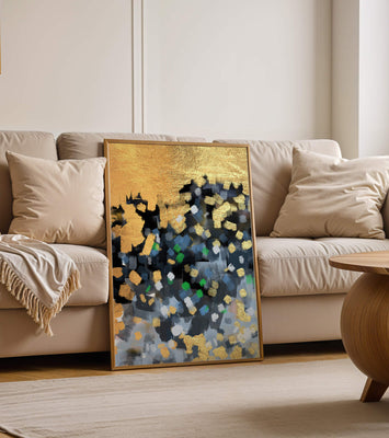 Abstract art with gold and colorful brushstrokes