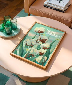 Ilustración de plantas de algodón con texto de apoyo en chino