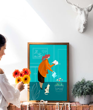 Mujer regando flores con un gato en un interior moderno