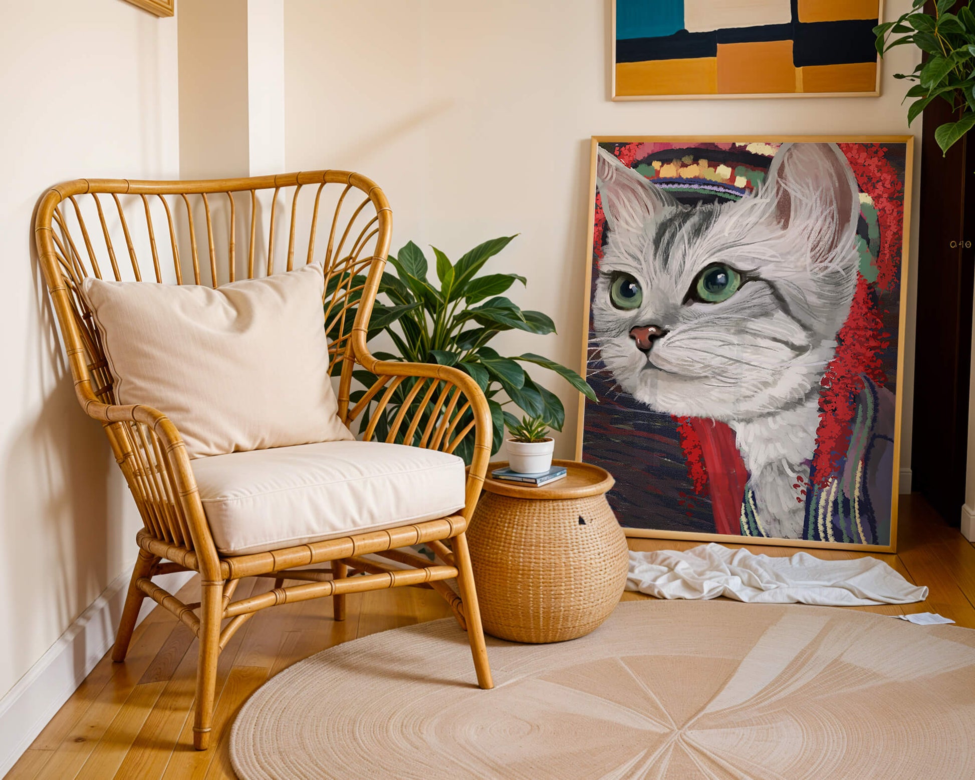 Illustrated cat portrait with colorful accents