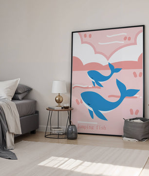 Playful whales illustration in pastel pink and blue