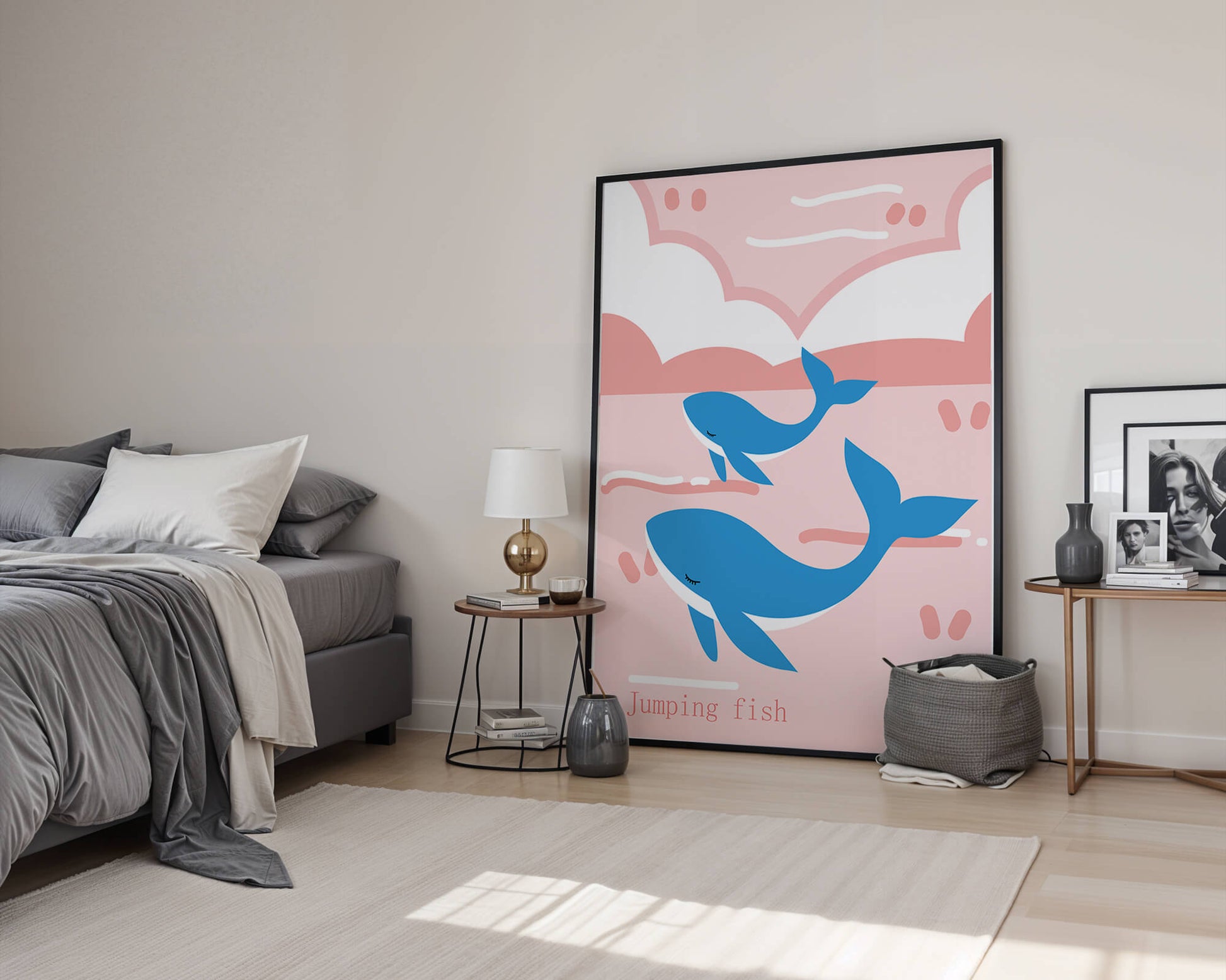 Playful whales illustration in pastel pink and blue